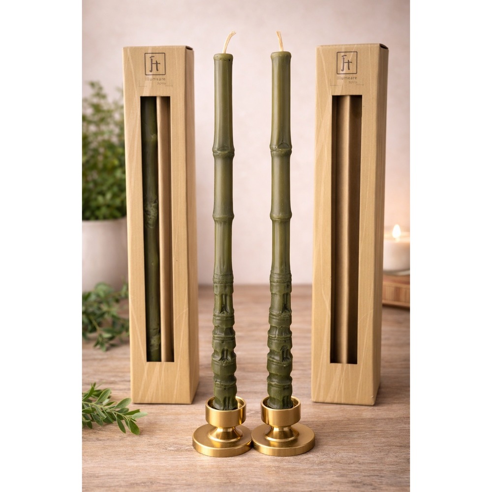 4 Fillamento Neiman Marcus 100% Beeswax Spring Green Bamboo Shaped Taper Candles